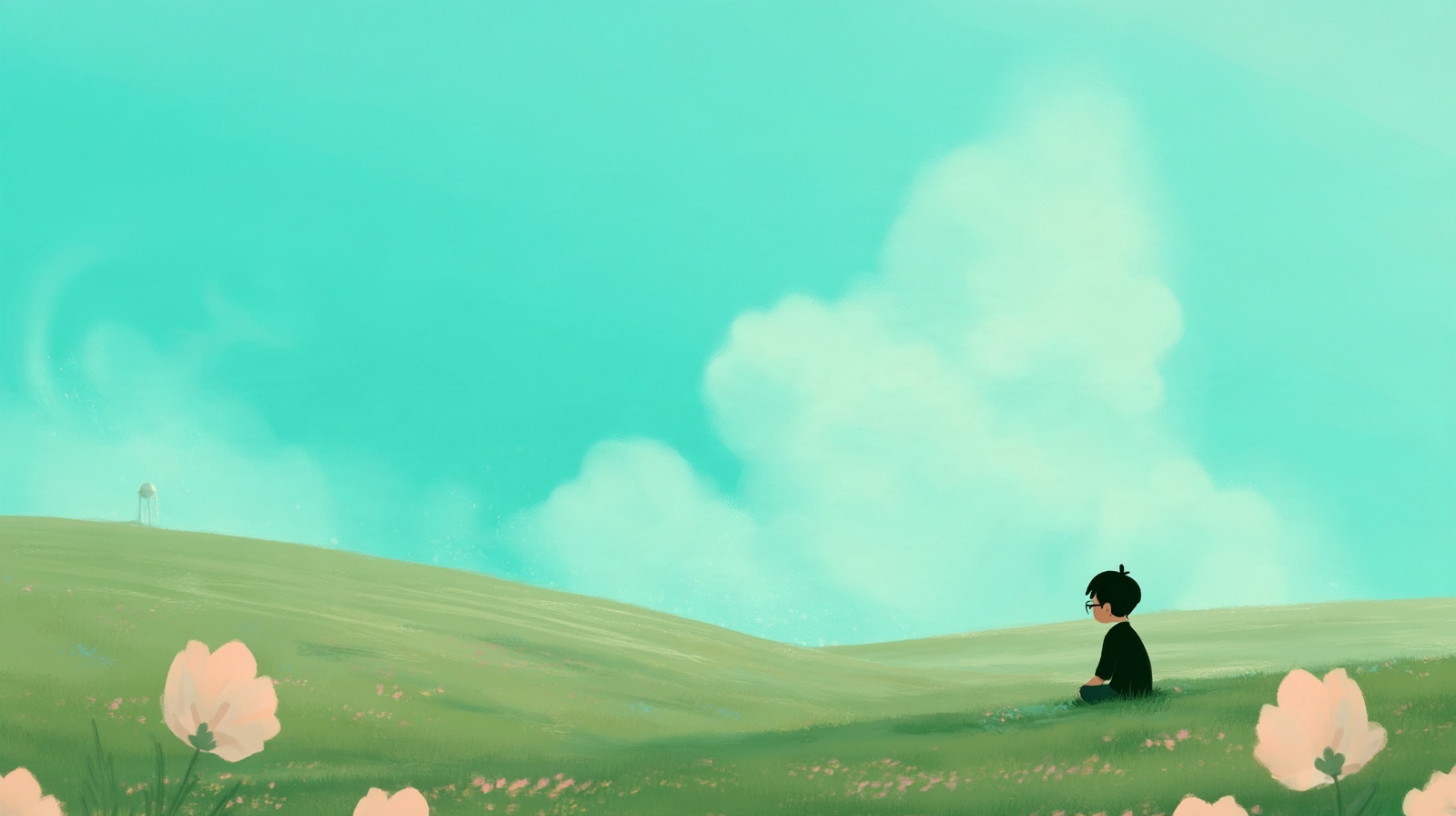 Illustration of a kid with glasses sitting in a green field under a teal sky